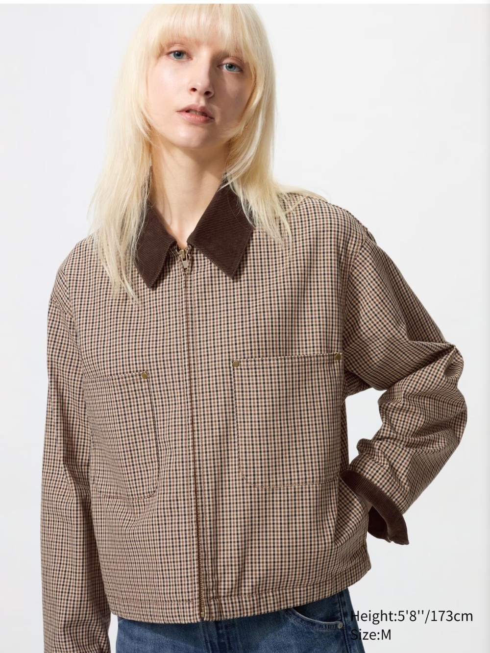 NWOT Uniqlo Brown Houndstooth Zip-Front Short Jacket